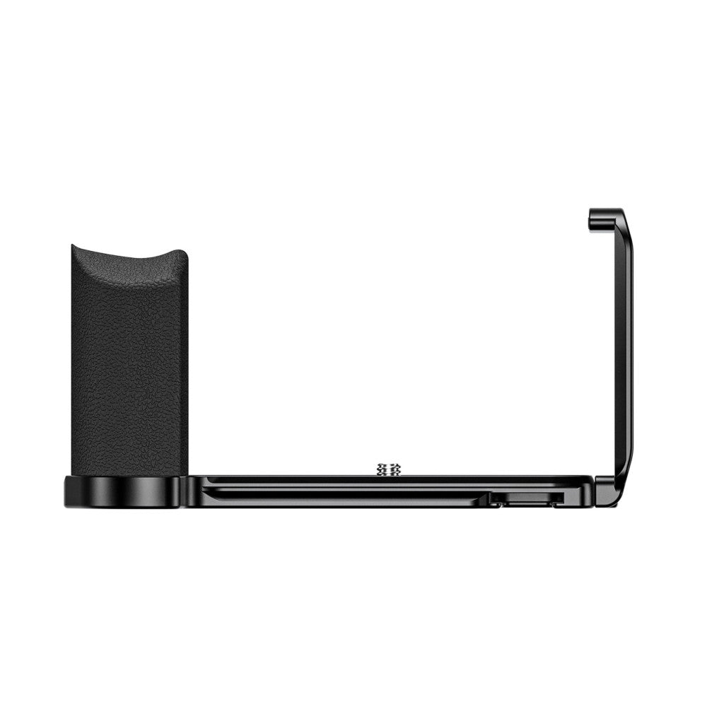 Side view of black L-bracket showing textured grip pad on vertical arm and horizontal base with mounting plate.