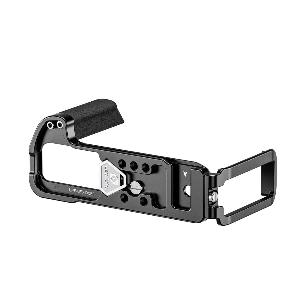 Black metal L-bracket shown from side angle, displaying mounting plate, handle grip, and adjustment knobs against white background.
