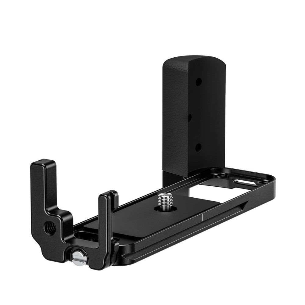 Black L-bracket assembly shown from isometric view displaying mounting plate, side arms, and vertical column against white background.