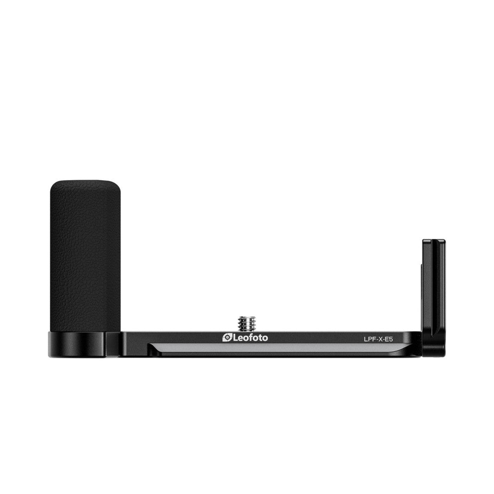 Side view of black L-bracket showing extended grip handle and mounting plate with camera attachment point.