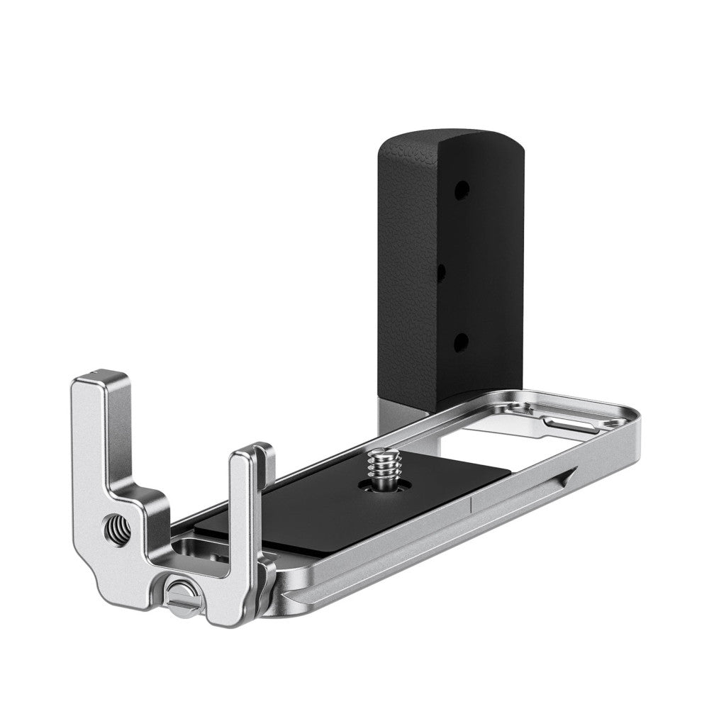 Three-quarter view of a silver and black camera bracket showing metal L-shaped mounting arms, central screw post, and black vertical extension piece against white background.