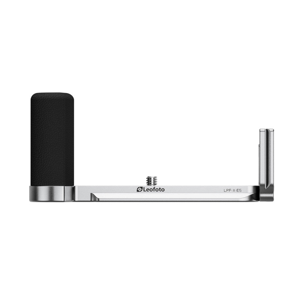 Side view of silver L-shaped camera bracket with black grip handle on left side and mounting plate on right.