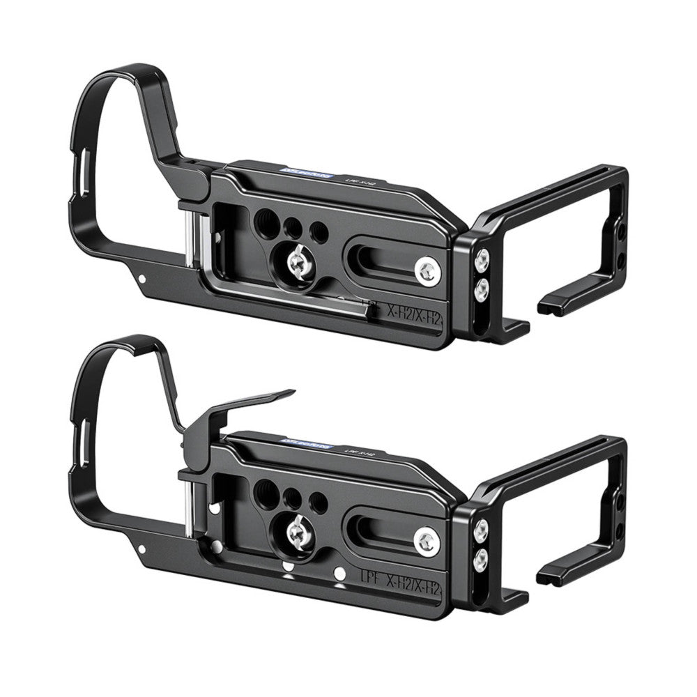 Two black L-brackets shown from different angles displaying mounting plates, handles, and adjustment knobs against a white background.