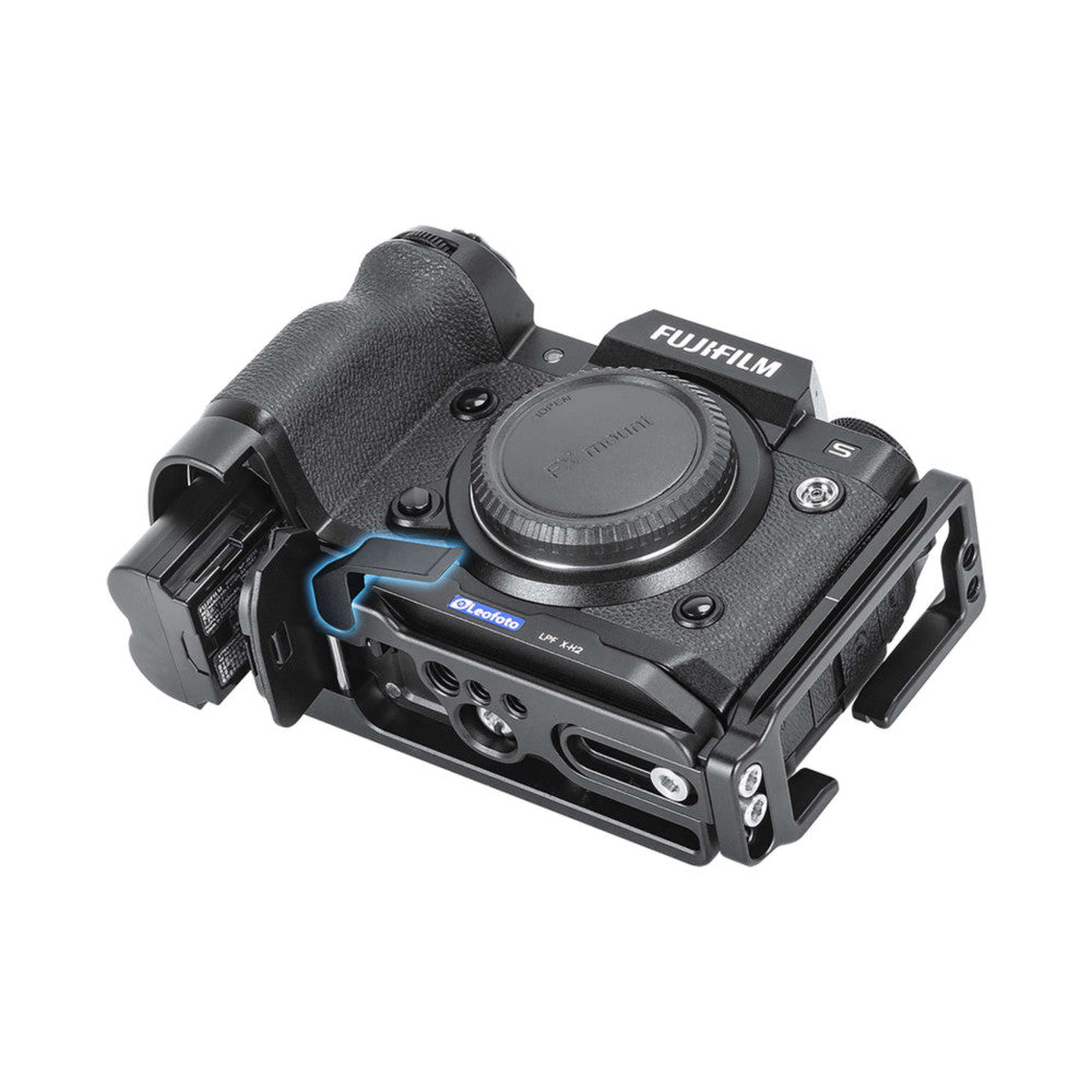 Black L-bracket mounted on Fujifilm X-H2 camera body, shown from three-quarter view against white background.