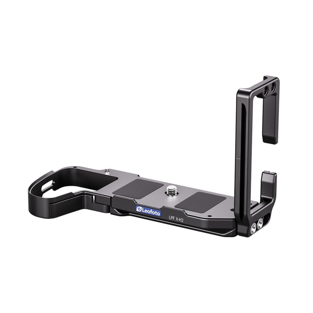 Black L-bracket for Fujifilm X-H2 camera shown from side angle against white background, displaying handle grip and vertical mounting plate.