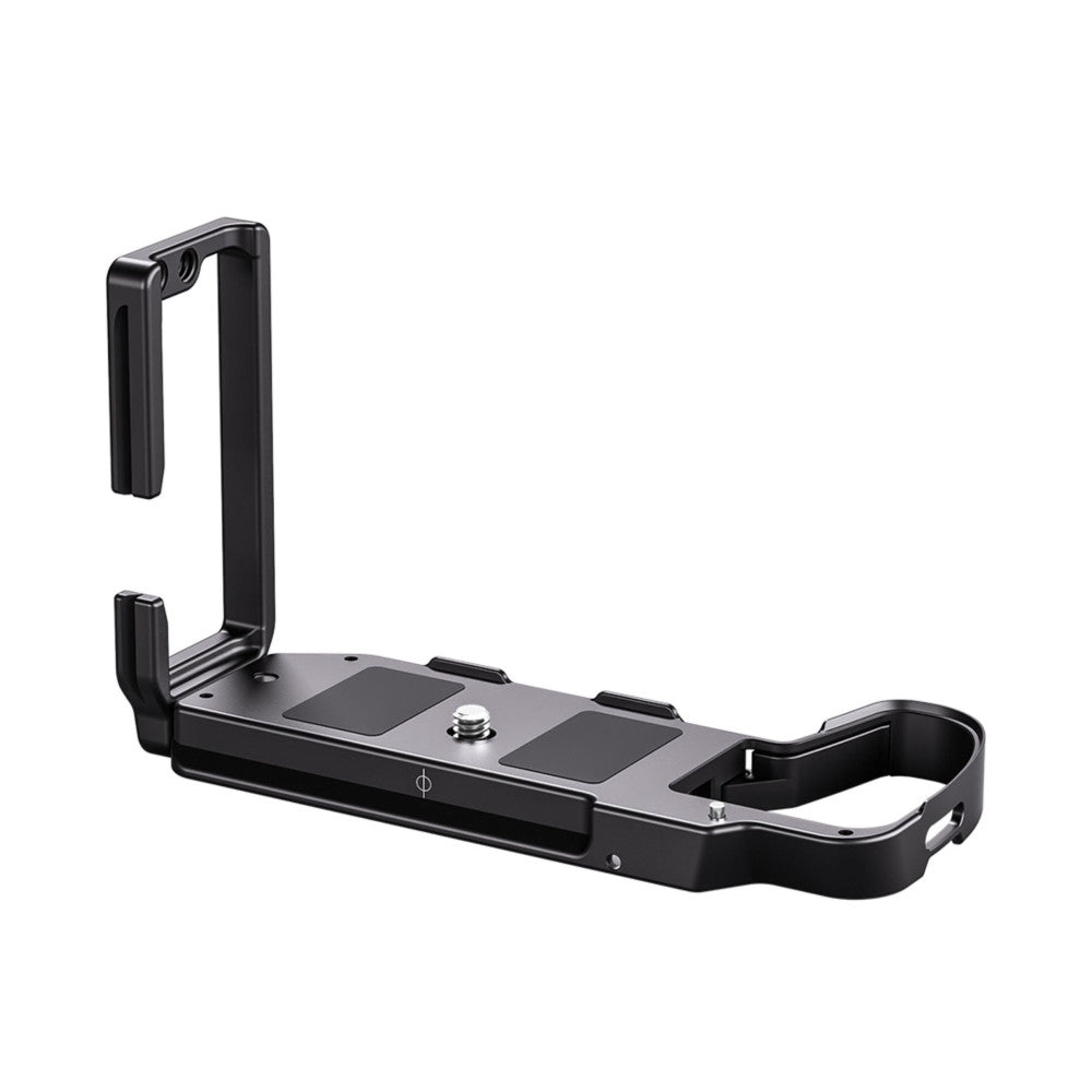 Black L-bracket shown from above at an angle, displaying the horizontal base plate with mounting points and vertical grip handle against white background.