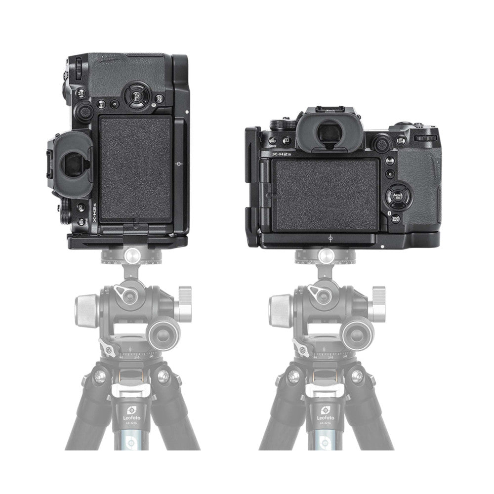 L-bracket mounted on Fujifilm X-H2S camera shown from rear view on tripod head, demonstrating fit and orientation.