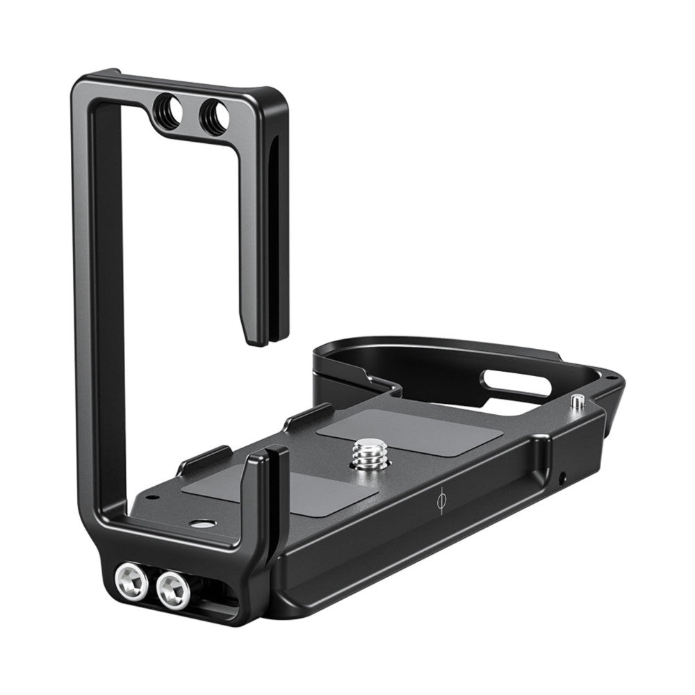 Black L-bracket assembly shown from two angles: vertical mounting plate with threaded holes at top, and horizontal base plate with tripod socket and mounting feet.