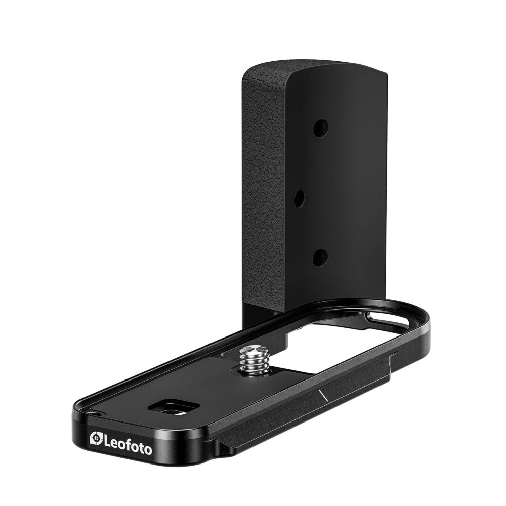 Black Leofoto camera bracket shown from an angled three-quarter view, displaying the L-shaped mounting plate with screw and the vertical column with three mounting holes.