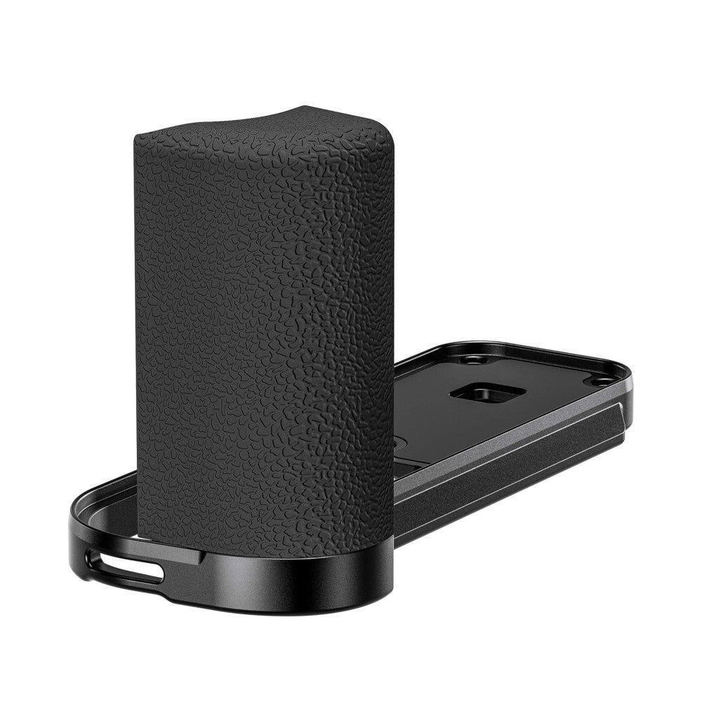 Black L-bracket with textured grip shown at an angle, displaying the vertical mounting plate and horizontal base with camera attachment points.