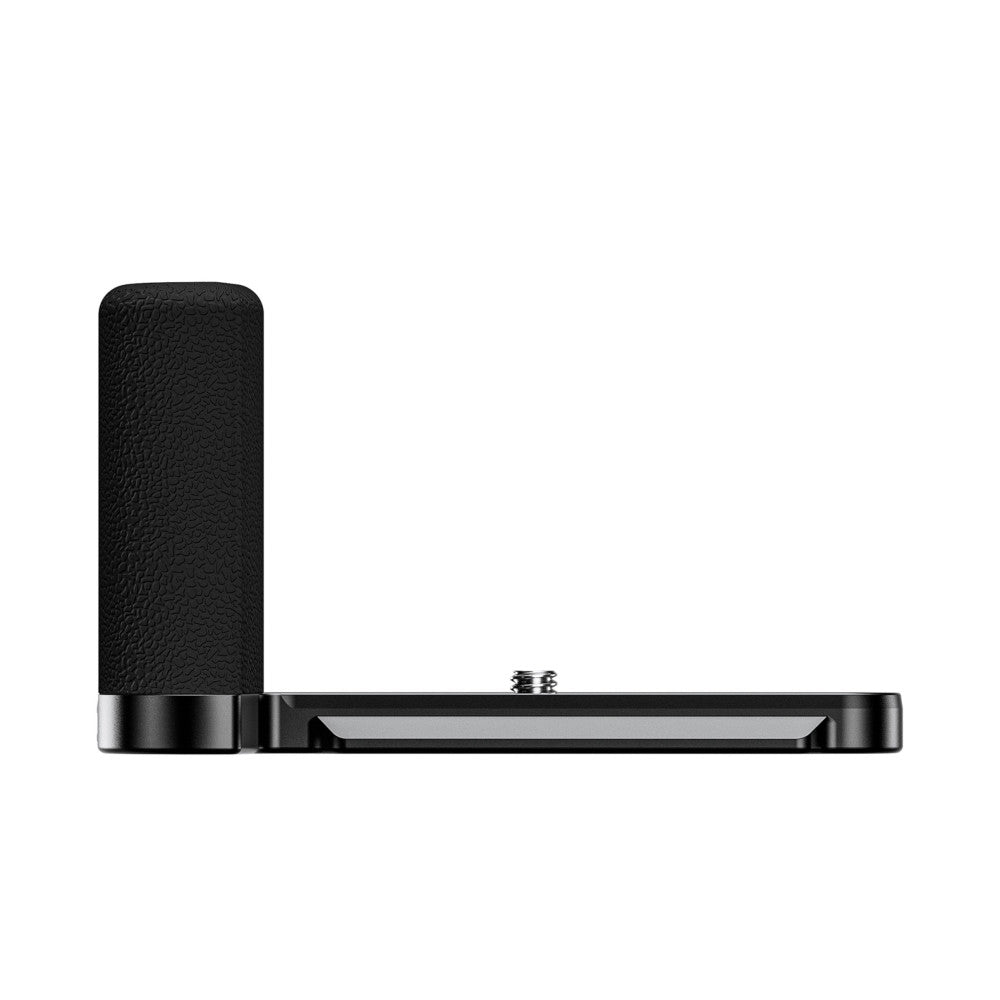 Side view of a black L-shaped camera bracket with textured grip handle and metal base plate against white background.