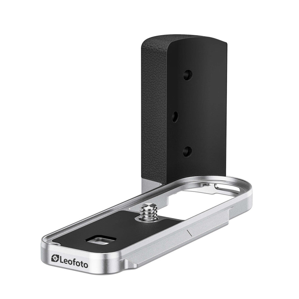 Silver L-bracket with black grip attachment shown at three-quarter angle against white background, displaying mounting plate and vertical camera mount component.