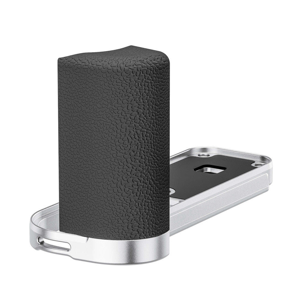 L-bracket with textured black grip and silver metal base plate shown from angled perspective view.