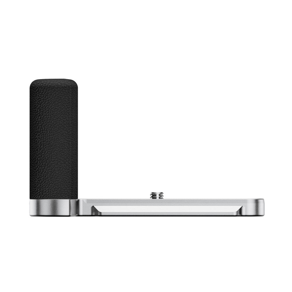 Side view of a silver L-bracket with a black textured vertical grip handle mounted on the horizontal base plate.
