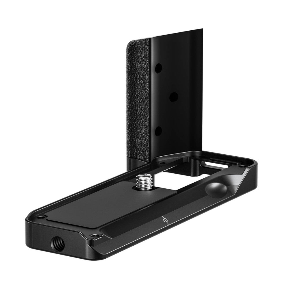 Black L-bracket shown at an angle displaying the textured mounting plate, vertical support arm with three threaded holes, and horizontal base with tripod socket.