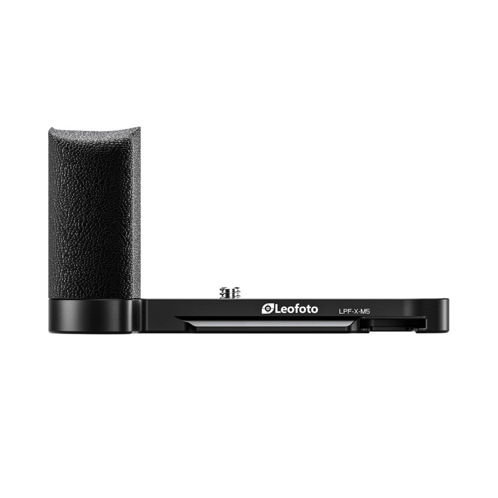 Side view of black Leofoto L-bracket with textured vertical grip and horizontal base plate against white background.