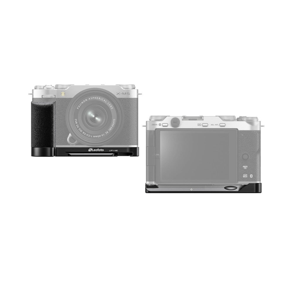 Leofoto L-bracket for Fujifilm X-M5 shown from front and rear angles, displaying black metal grip attachment on left and bottom views of camera.