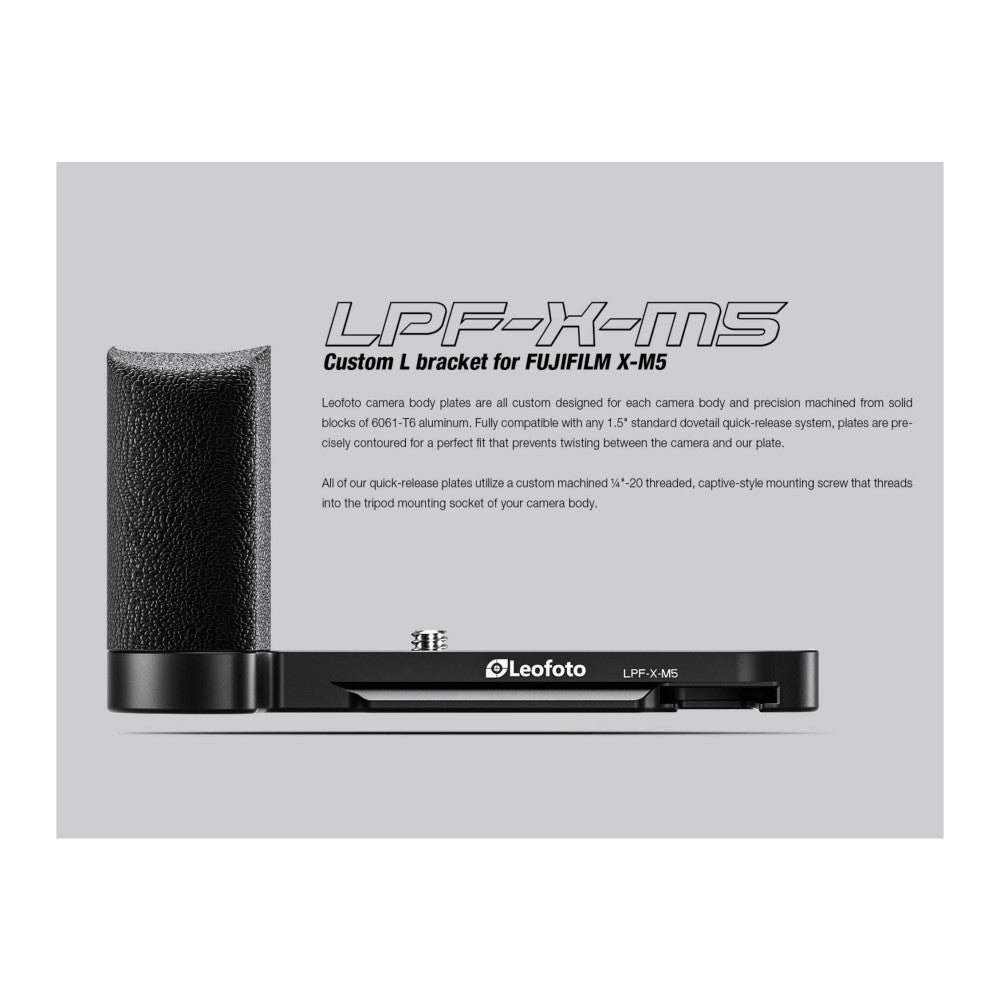 Side view of black L-bracket with textured grip handle, showing mounting plate and Leofoto branding against gray background.