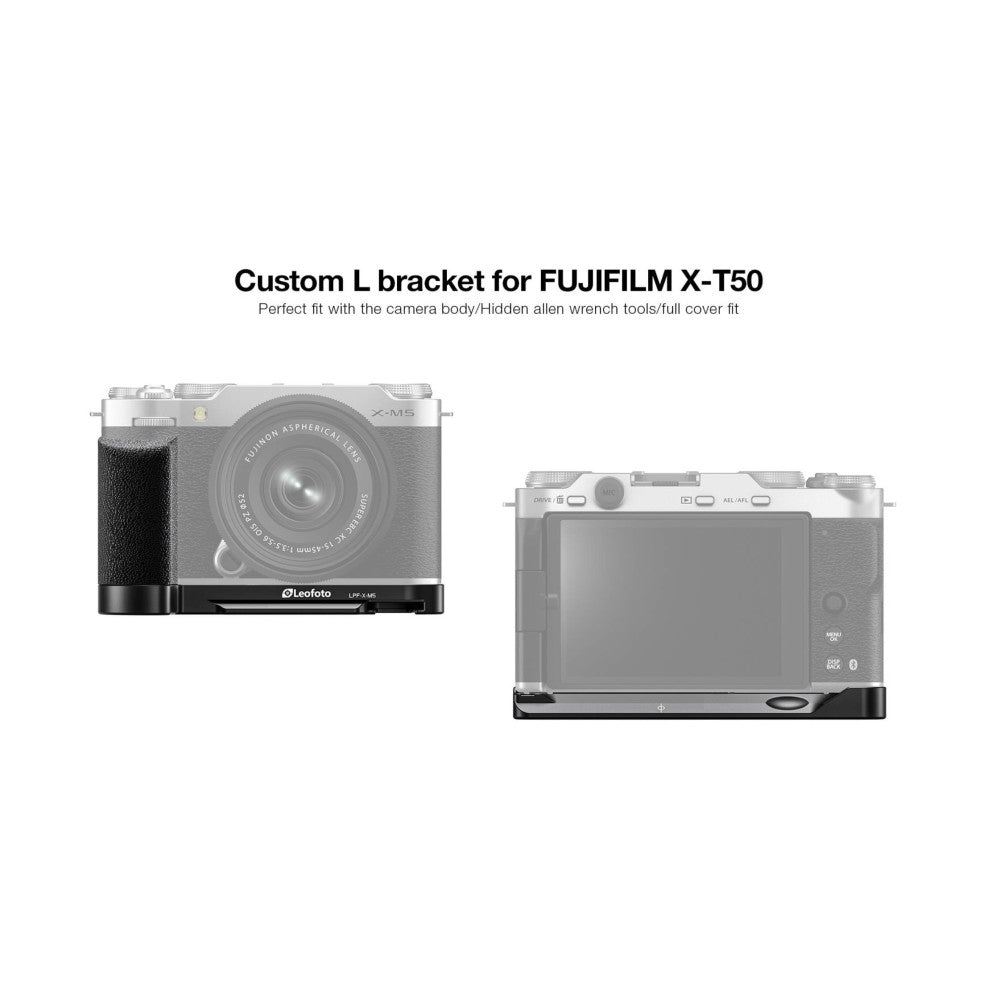 Two views of black L-bracket mounted on Fujifilm X-M5 camera showing left side and bottom angles with textured grip surface.
