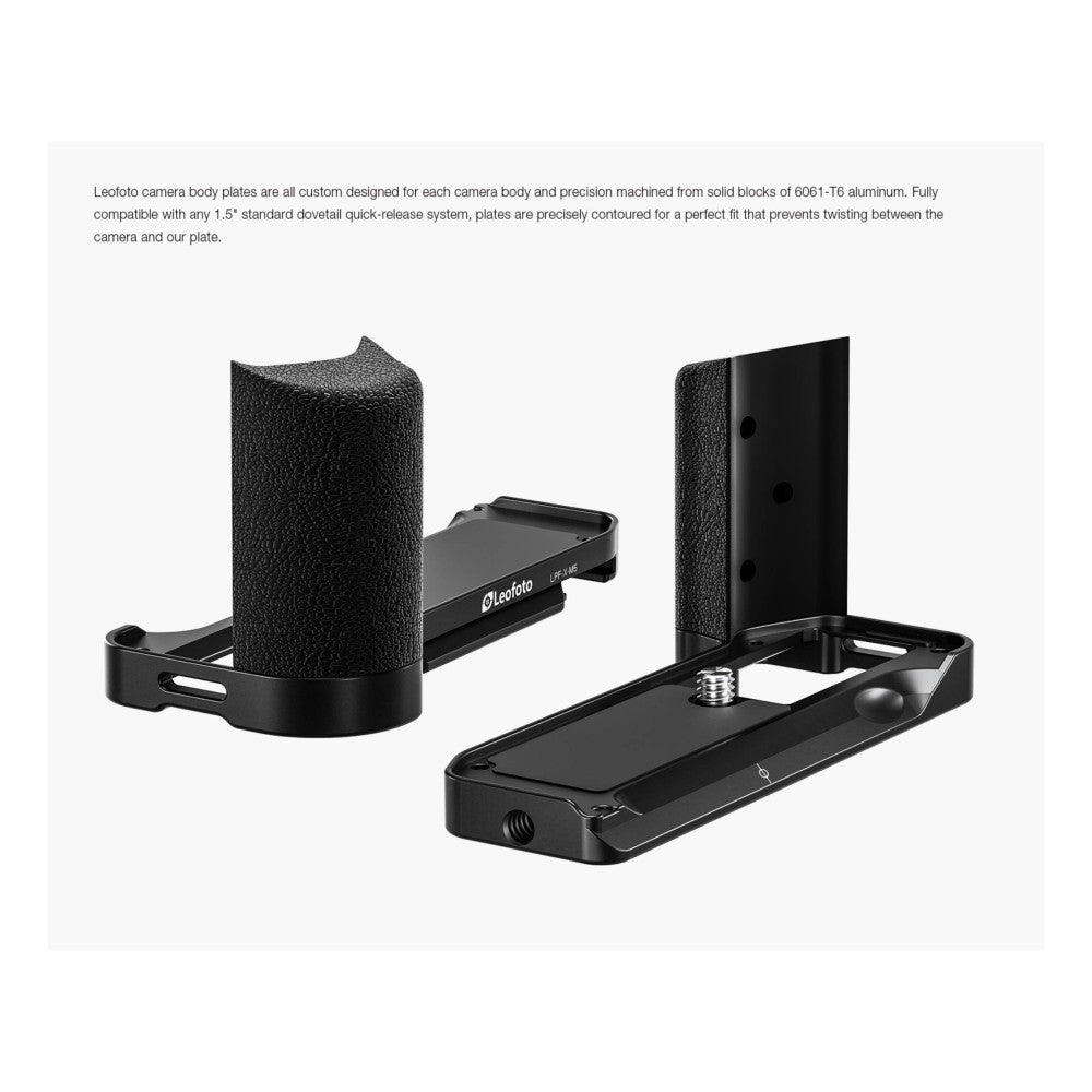 Three black L-bracket components displayed from different angles showing the aluminum body plate, grip extension, and quick-release plate assembly.