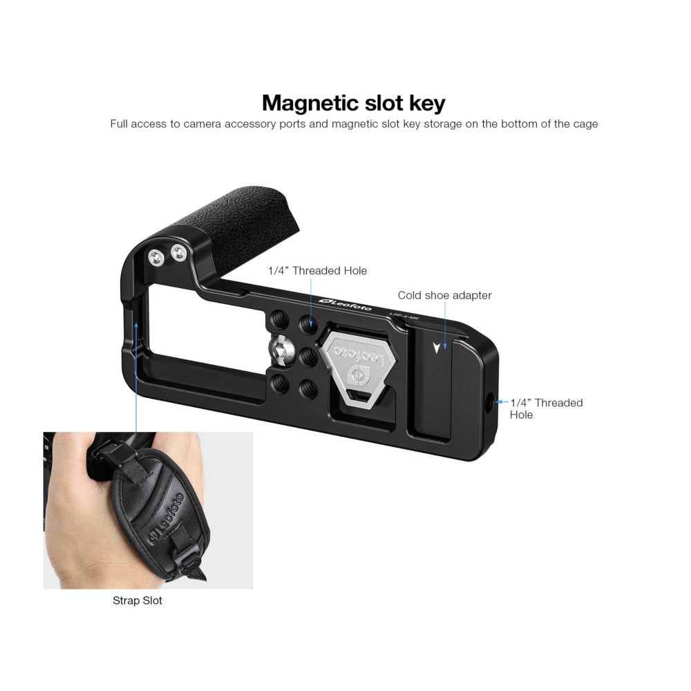 Black L-bracket with labeled features including cold shoe adapter, threaded holes, strap slot, and magnetic slot key storage compartment.