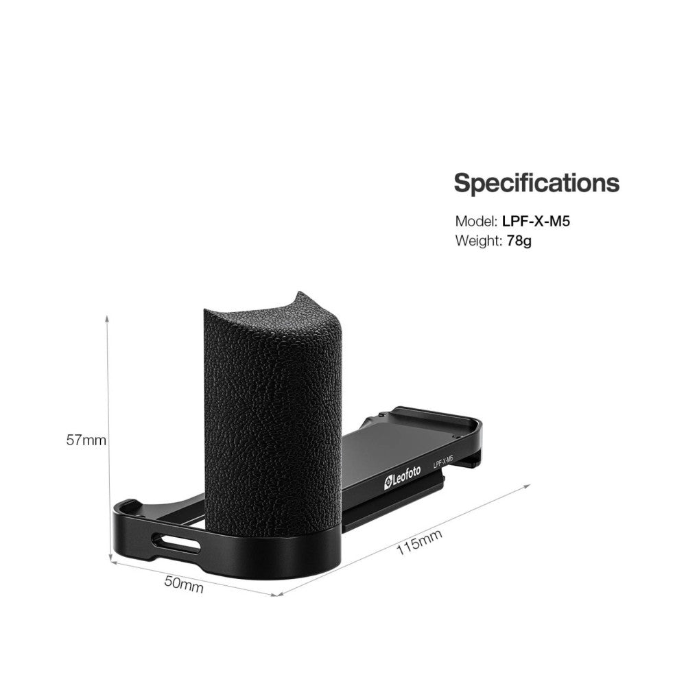 Isometric product view of black L-bracket with cylindrical grip and dimensions labeled: 57mm height, 50mm width, 115mm depth. Weight 78g.