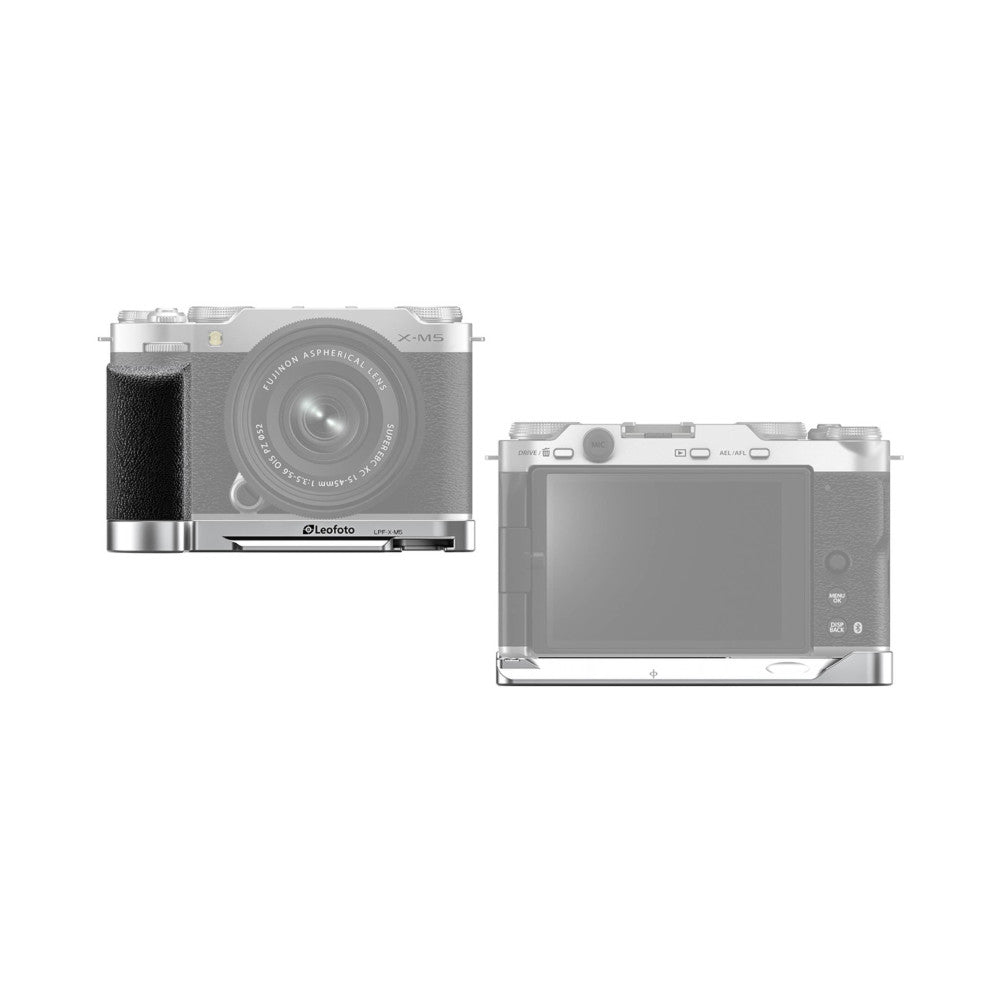 Two views of a silver L-bracket for Fujifilm X-M5 camera showing left side and rear perspectives of the mounting accessory.