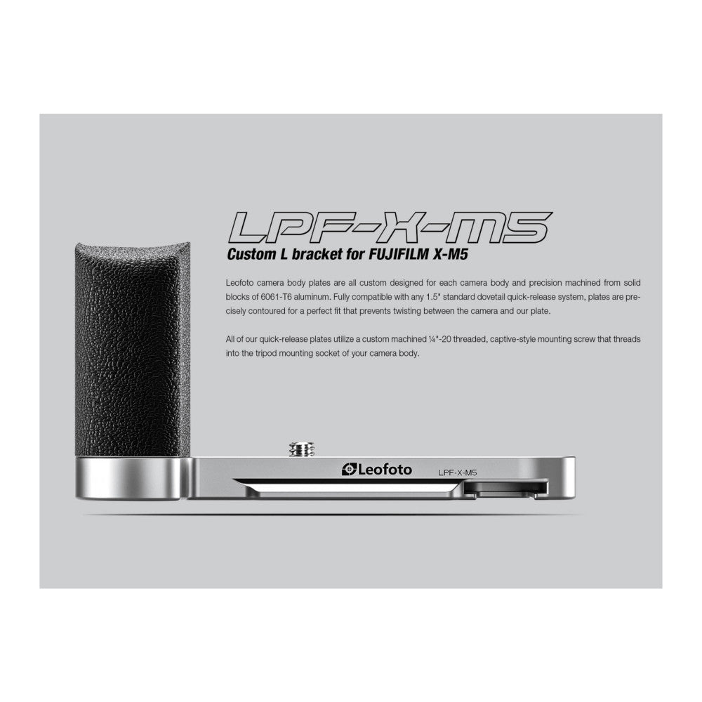 Side view of Leofoto LPF-X-M5 L-bracket showing aluminum plate with grip handle and mounting screw detail.