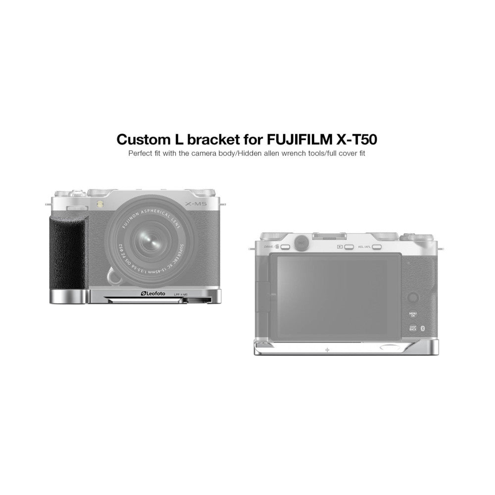 L-bracket shown from front and rear views attached to Fujifilm X-M5 camera, displaying grip design and tripod mount interface.