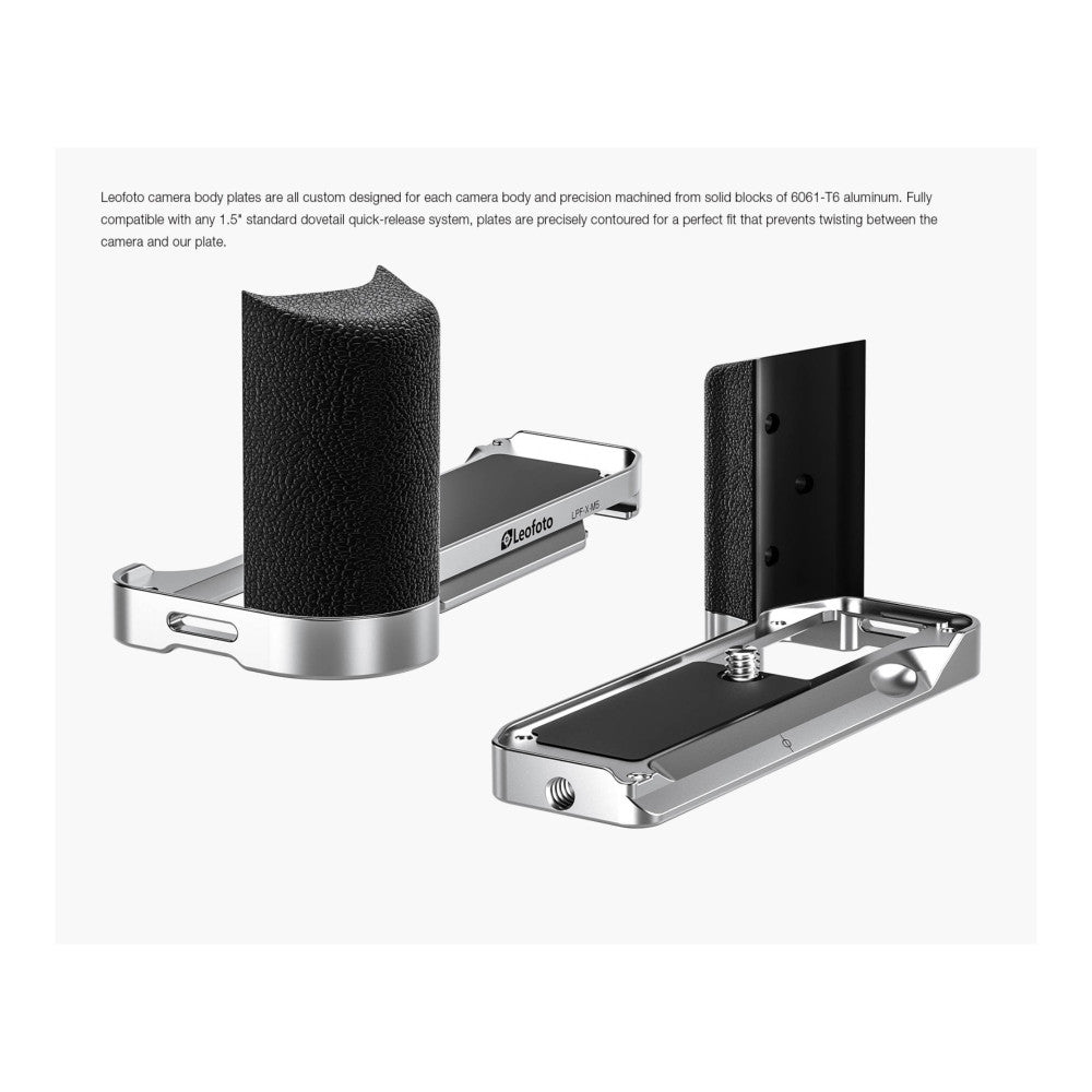 Three views of a silver aluminum L-bracket showing the camera plate, vertical grip extension, and quick-release mechanism from different angles.