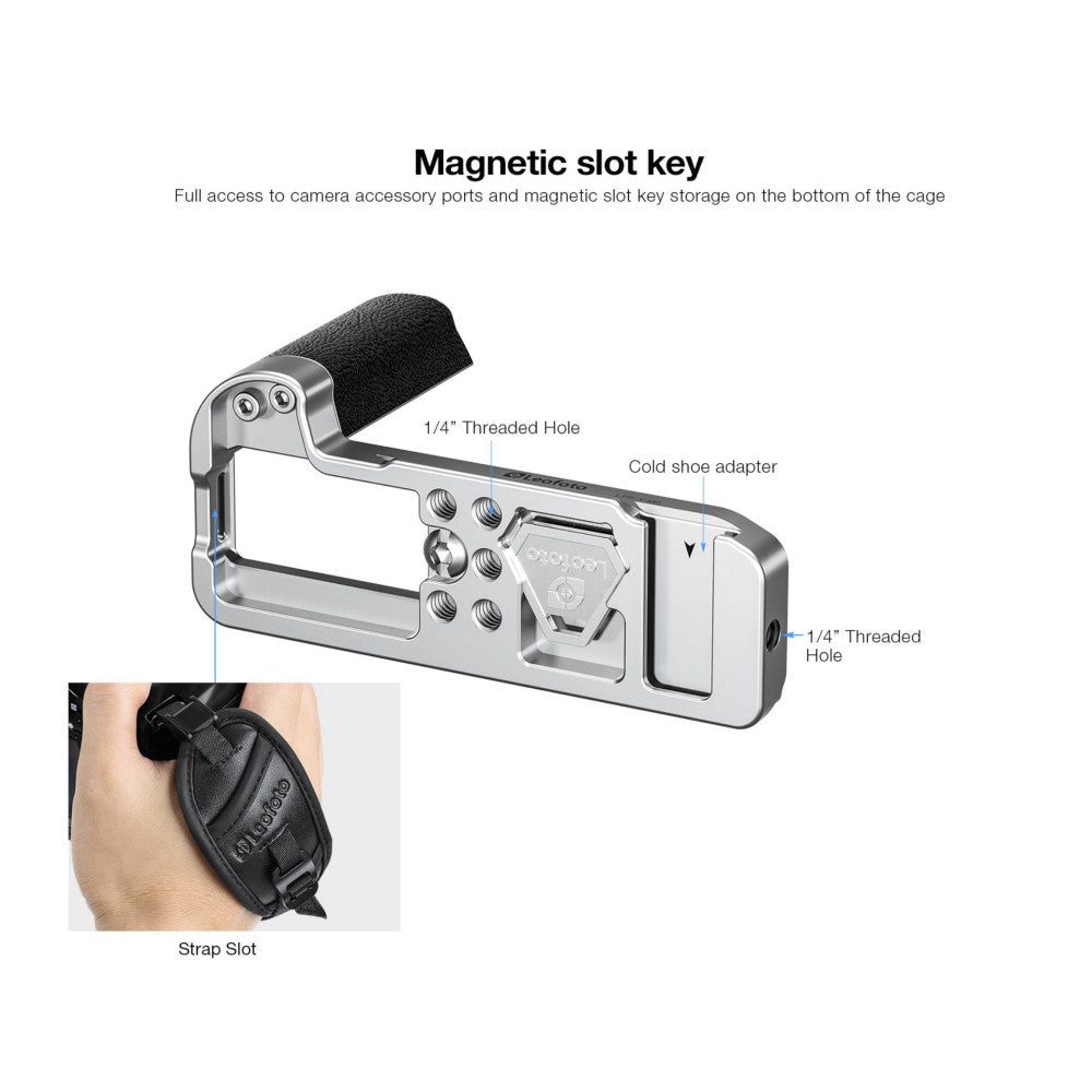 L-bracket with labeled features including threaded holes, cold shoe adapter, strap slot, and magnetic slot key storage detail.