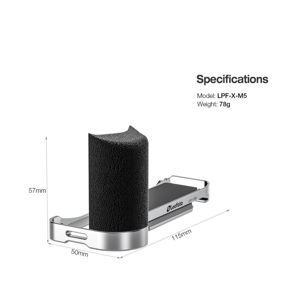 Isometric product view of silver L-bracket with black grip, showing dimensions: 115mm length, 50mm width, 57mm height. Weight 78g.