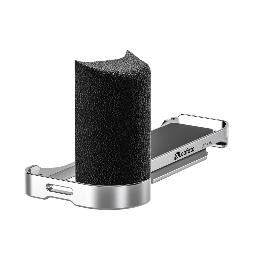 Side view of silver and black L-bracket showing textured grip surface and aluminum construction with mounting plate.