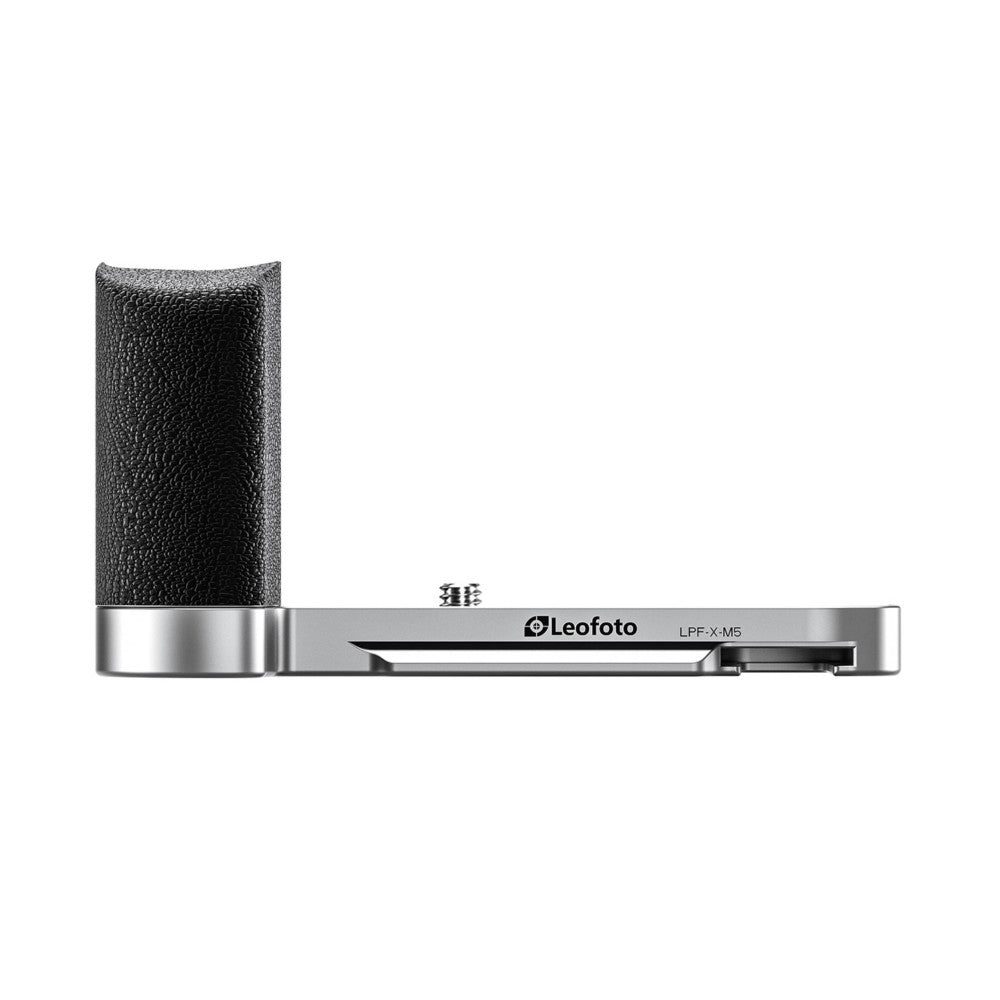 Side view of Leofoto LPF-X-M5 L-bracket showing silver aluminum body with textured black grip handle on left side.