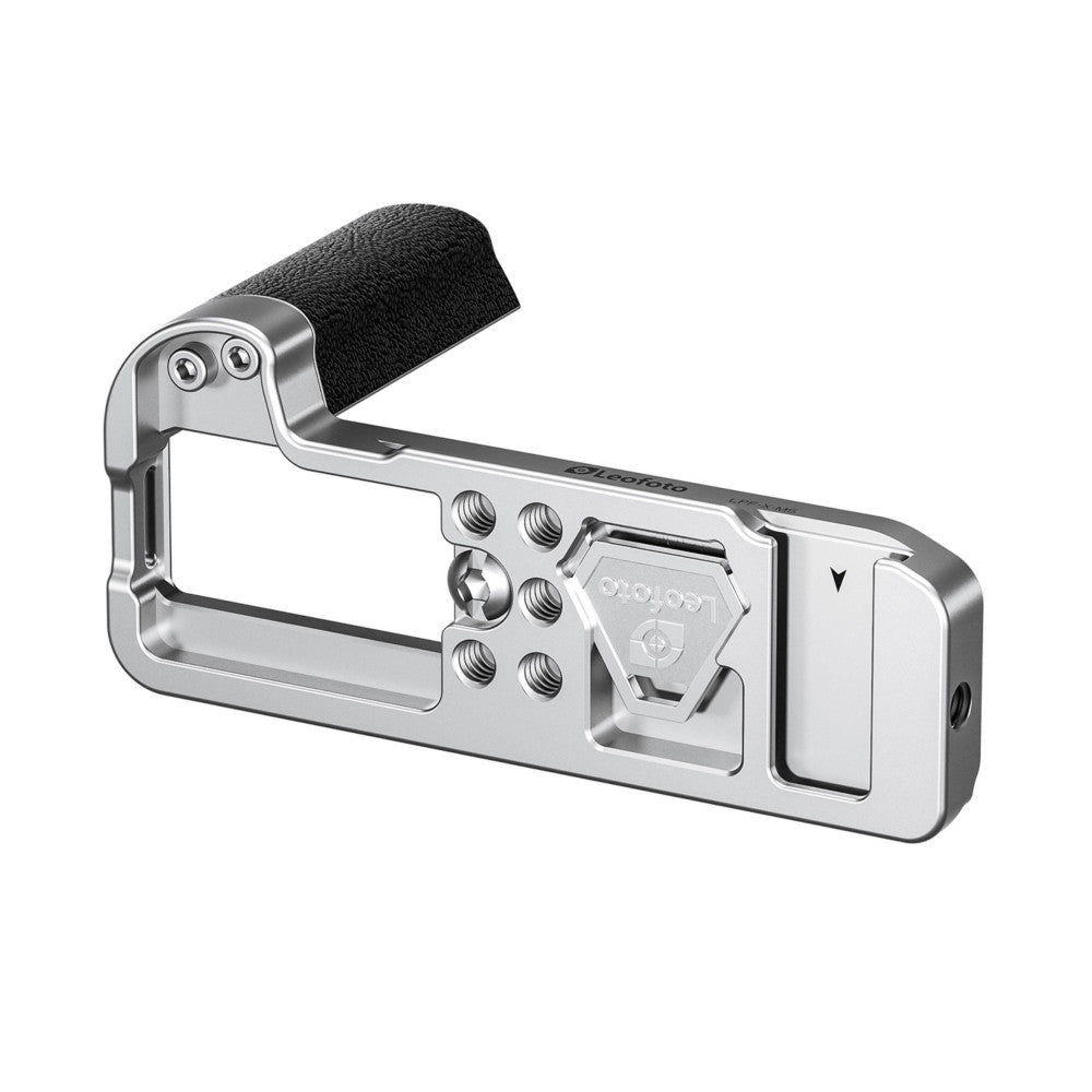 Side view of silver L-bracket with black foam grip, showing mounting holes and attachment mechanism against white background.