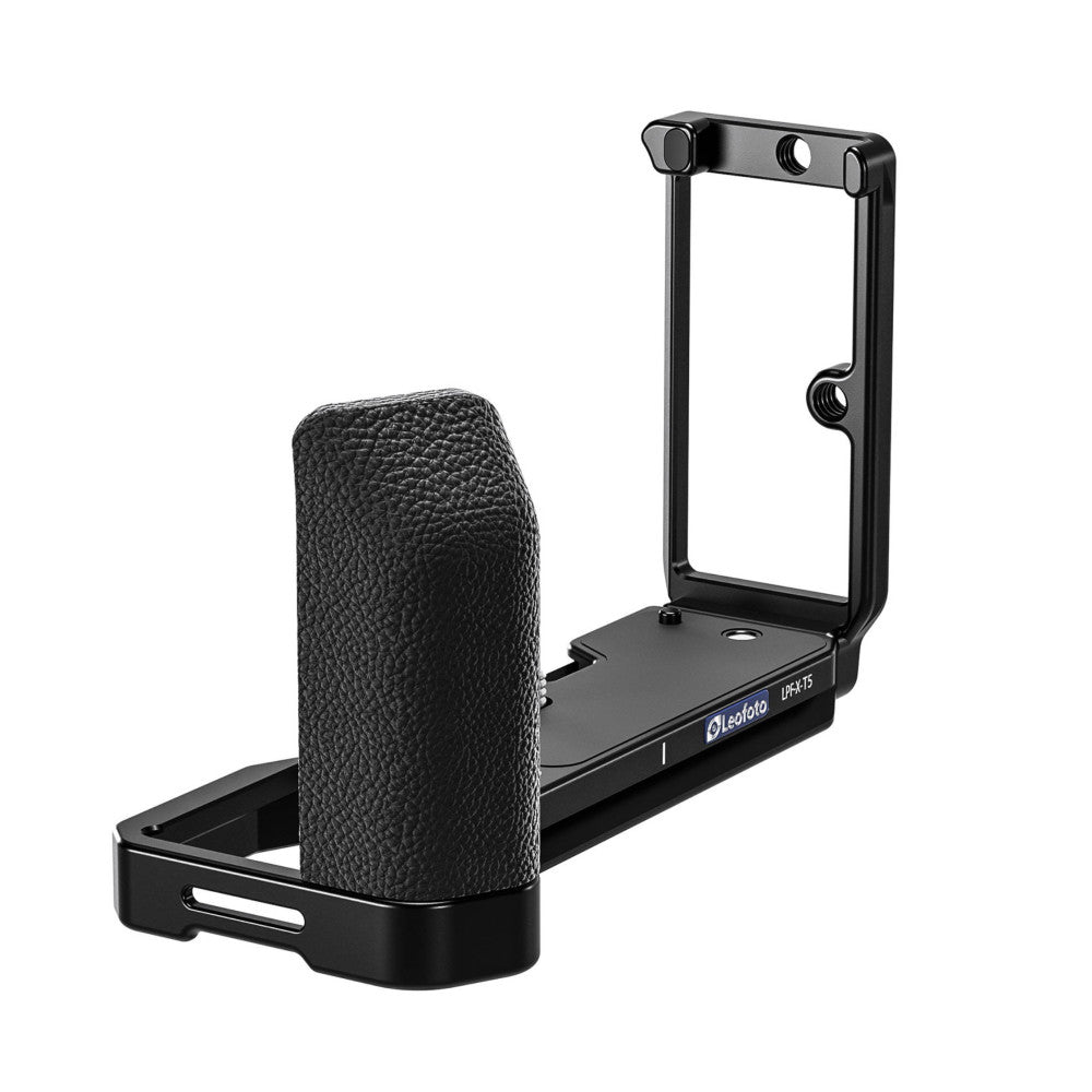 Black L-bracket with textured grip pad shown from angled side view against white background, displaying vertical and horizontal mounting arms with adjustment knobs.