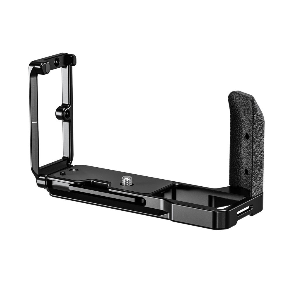 Black L-bracket with vertical grip attachment shown from side view against white background, displaying mounting plate and textured handgrip.