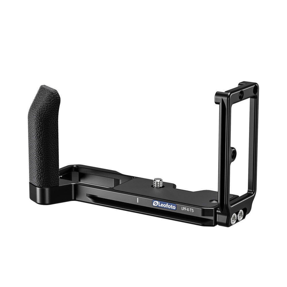 Black L-bracket with textured grip and articulating arms shown from side angle against white background.