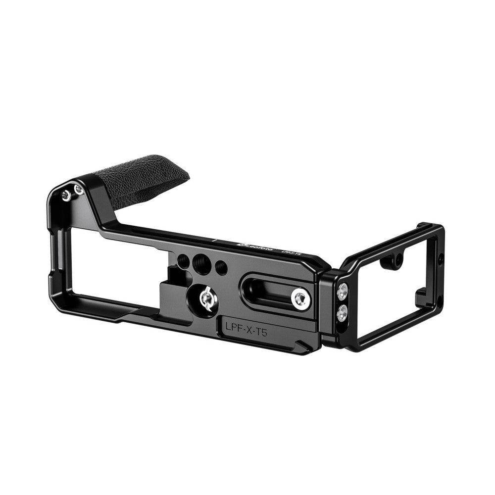 Side view of black metal L-bracket with textured grip handle, adjustment knobs, and mounting plates for camera attachment.