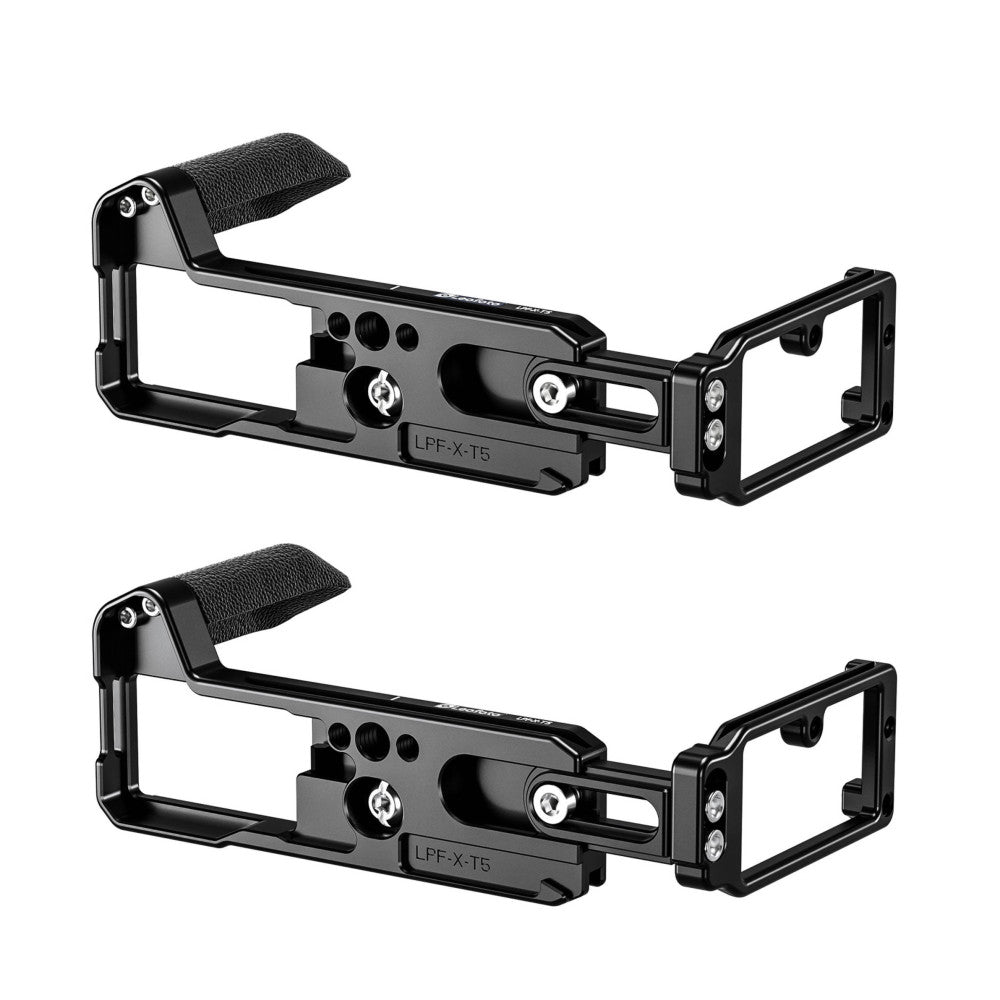 Two views of a black L-bracket with foam grip handle, adjustment knobs, and side arms, shown from different angles against white background.