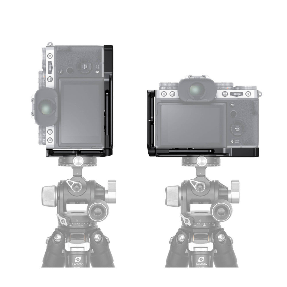 Two L-brackets mounted on Fujifilm X-T5 cameras shown in side-by-side comparison view, displaying left and right profile angles on tripod heads.