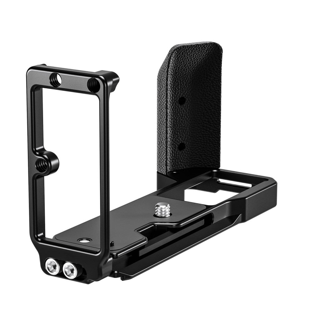Black L-bracket showing front frame, side view with textured grip panel, mounting plate with tripod socket, and adjustment knobs.