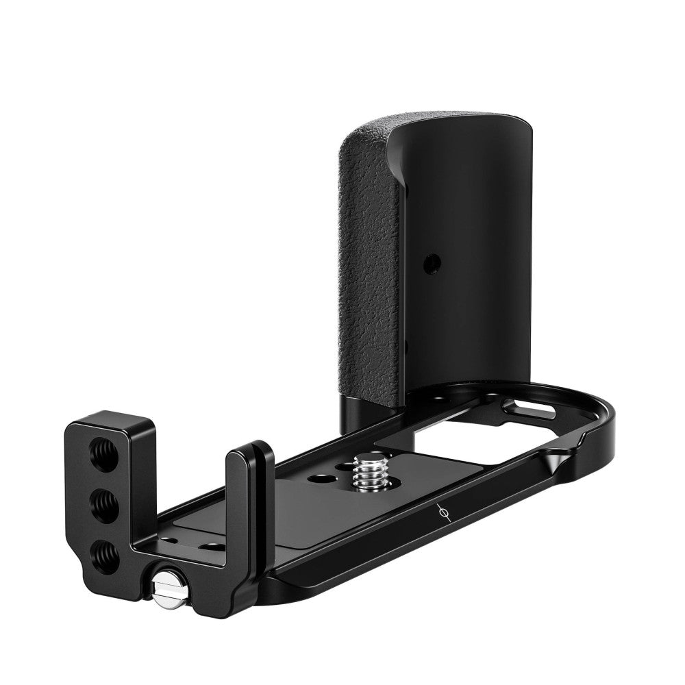 Black L-bracket assembly shown at three-quarter angle, displaying mounting plate with adjustment screw, side clamp mechanism, and padded camera grip section.