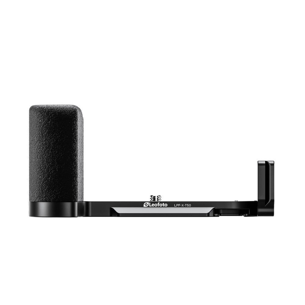 Side view of black Leofoto L-bracket showing textured grip, horizontal rail, and vertical mounting plate against white background.