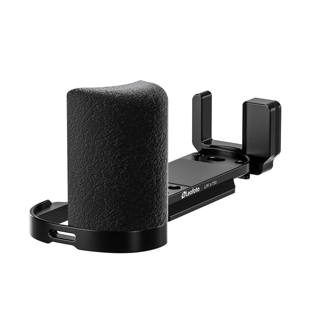 Black L-bracket with textured cylindrical grip shown from side angle, displaying mounting plate and adjustment knobs against white background.