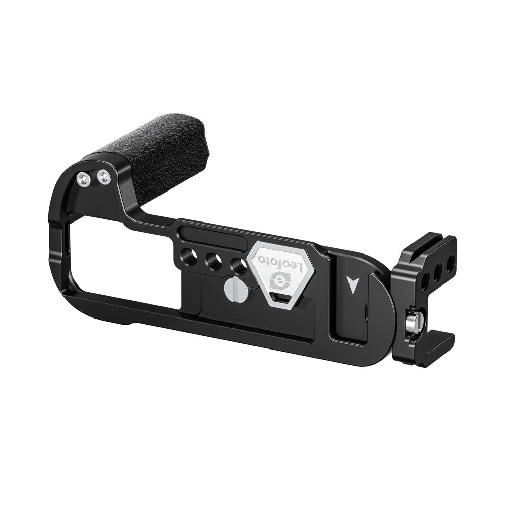 Black L-bracket with microphone mount and adjustment knobs, shown from side angle against white background.