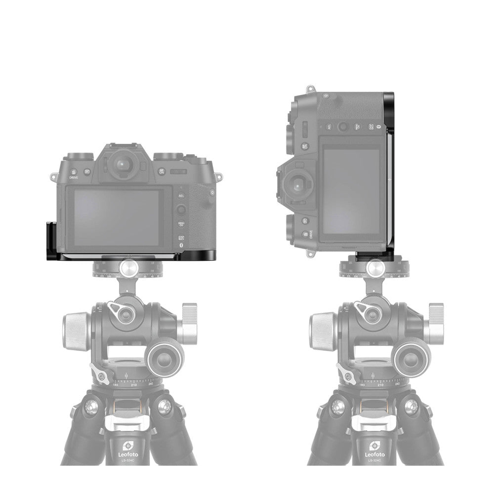 L-bracket mounted on tripod head shown from front and side views with Fujifilm X-T50 camera attached