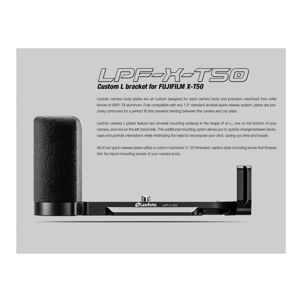 Side view of black L-bracket showing mounting surfaces and grip handle, with product specifications text above.
