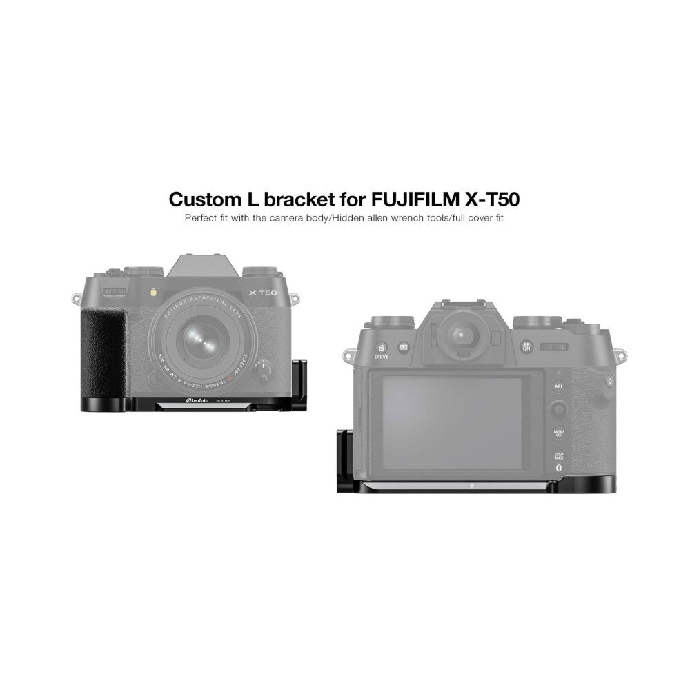 Two views of a black L-bracket mounted on a Fujifilm X-T50 camera showing left side and rear angles