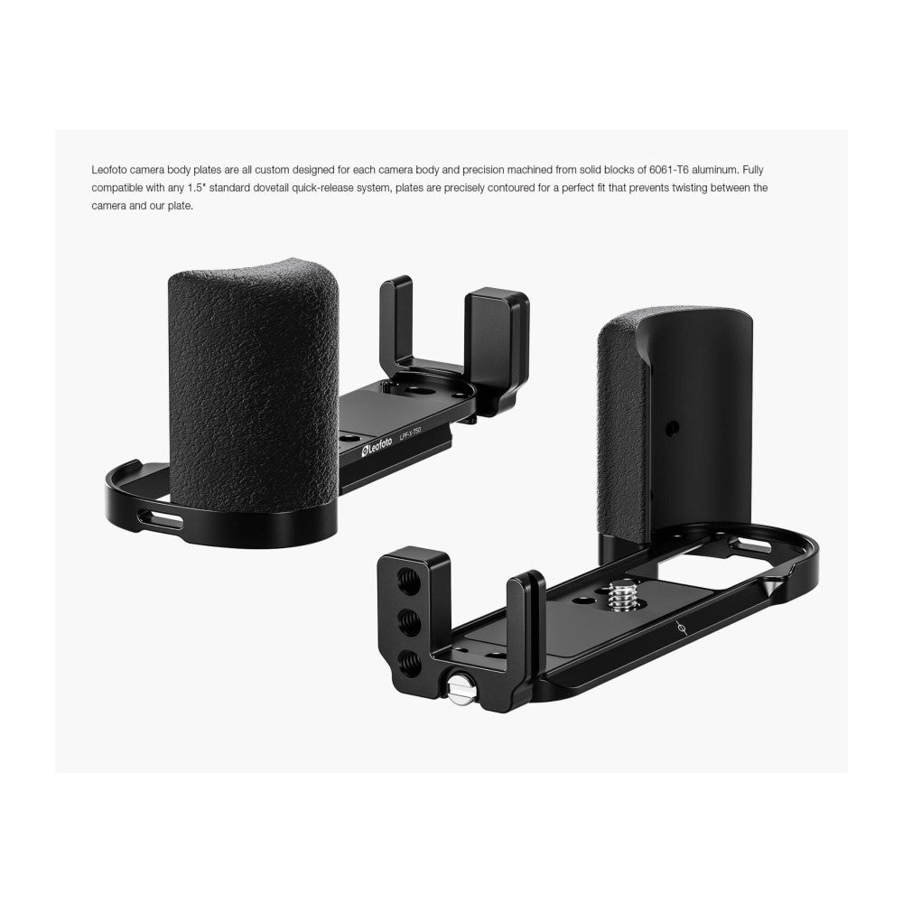 Product display showing L-bracket components from multiple angles, including vertical and horizontal mounting plates with textured grips and adjustment hardware.